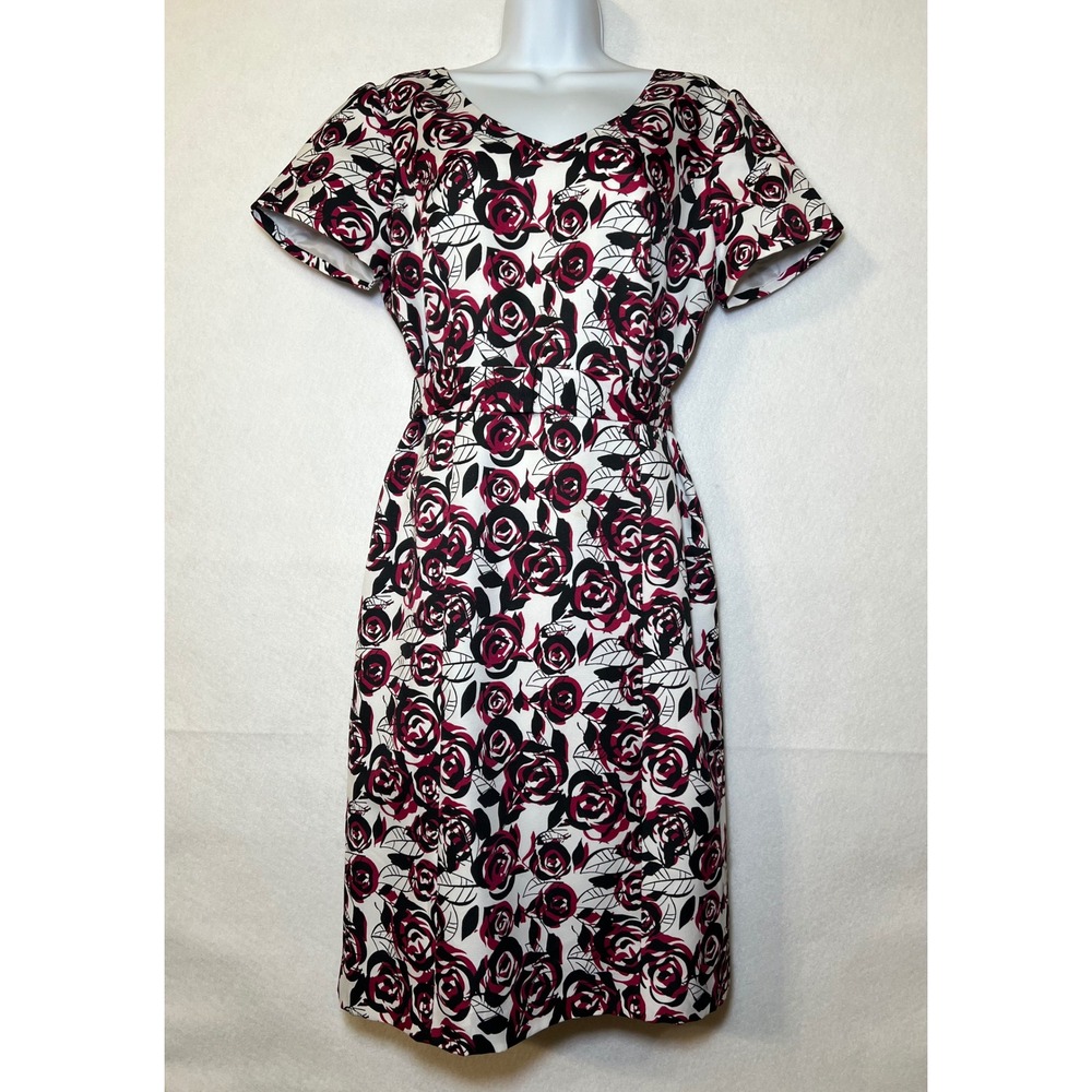 Preston & York Red Black White Rose Corporate Goth Retro 50s 60s Floral Dress 8